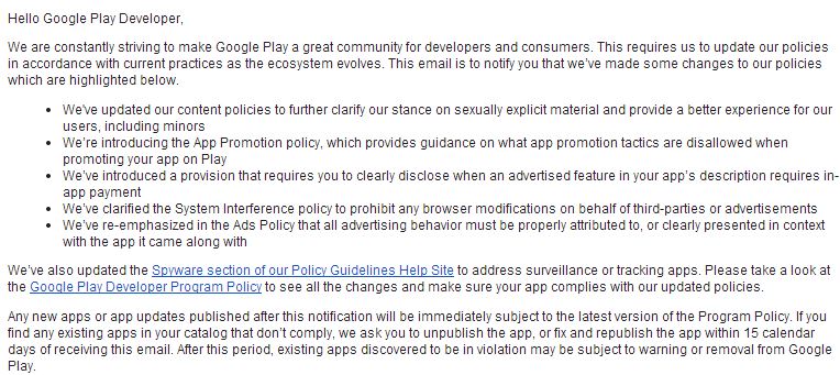 Google Play Developer Program Policy Update