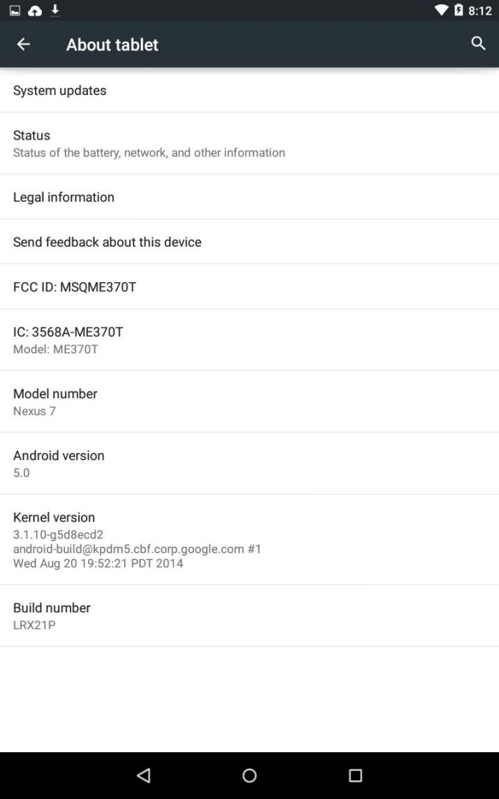 Android 5.0 Lollipop Nexus 7 2012