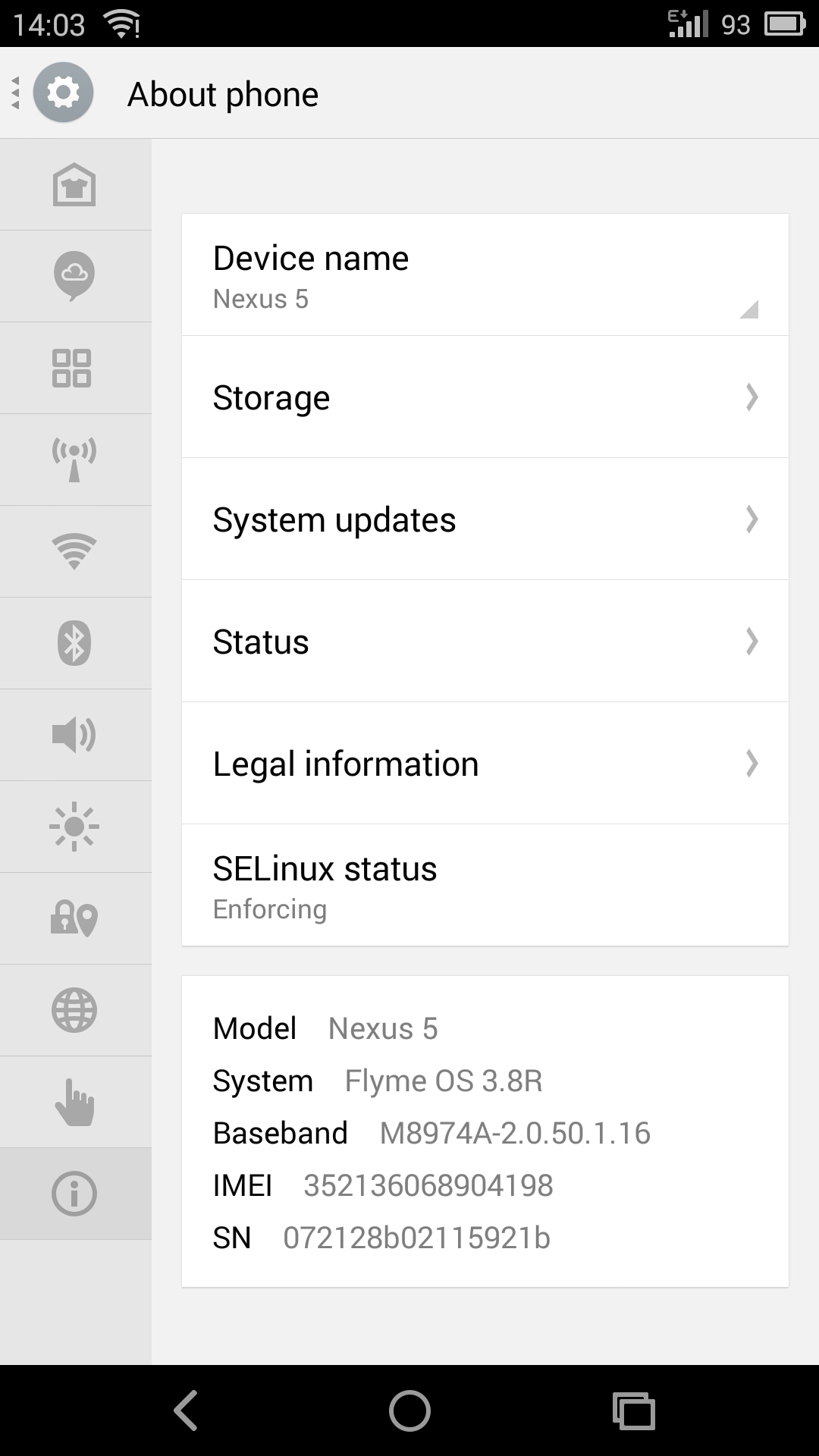 Flyme OS on Nexus 5 about